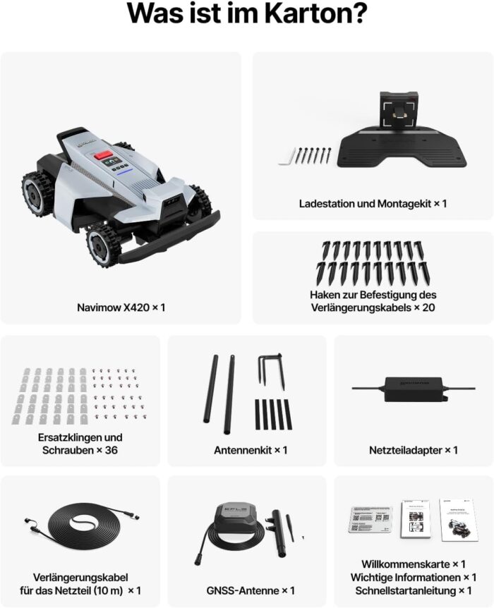 Segway Navimow X420 Mähroboter mit Garage X + 4 Sätze Klinge, für 2000 ㎡, Zero-Turn AWD für 84% Steigungen, NRTK + 360° Vision + VIO, Keine RTK-Basisstation, 25-95 mm Schnitthöhe