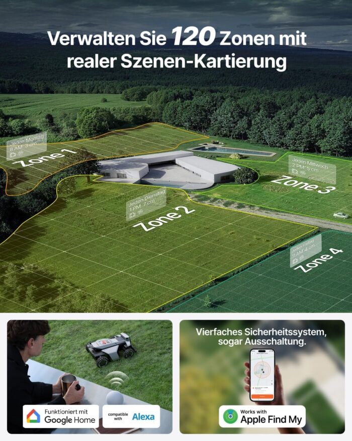 Segway Navimow X420 Mähroboter mit Garage X + 4 Sätze Klinge, für 2000 ㎡, Zero-Turn AWD für 84% Steigungen, NRTK + 360° Vision + VIO, Keine RTK-Basisstation, 25-95 mm Schnitthöhe