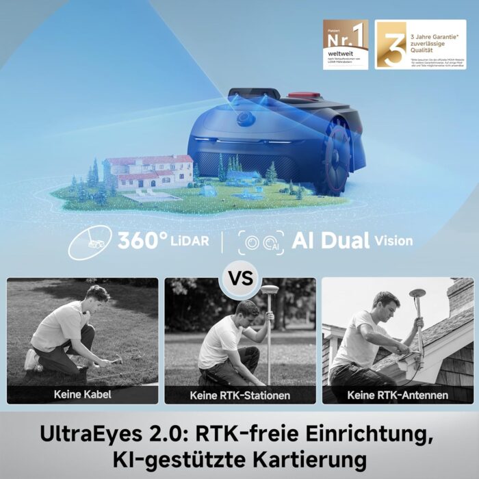 MOVA ViAX 500 Mähroboter Ohne Begrenzungskabel, Empf. 500 m², KI-gestützte Kartierung, 360°-LiDAR & Dual-KI-Vision, Intelligente Hindernisvermeidung, U-Fahrbahn, Kantenschnitt, App-Steuerung