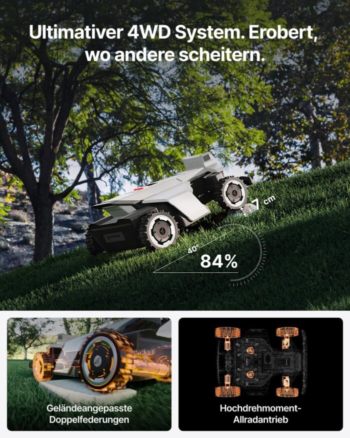 Segway Navimow X420 Mähroboter mit Garage X + 4 Sätze Klinge, für 2000 ㎡, Zero-Turn AWD für 84% Steigungen, NRTK + 360° Vision + VIO, Keine RTK-Basisstation, 25-95 mm Schnitthöhe