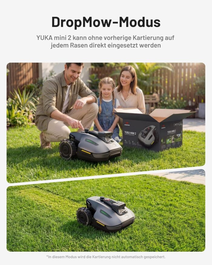 MAMMOTION YUKA mini 2 500 Mähroboter ohne Begrenzungskabel mit Garage, Empf. 500 m², Kein RTK, Kein Signalabbruch, KI TrueVision-Navigation, Auto-Mehrzonen-Kartierung, DropMow, 45% Steigung,4.5Ah-Akku