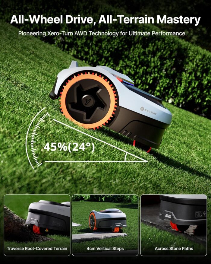 Segway Navimow i205 AWD Mähroboter ohne Begrenzungskabel mit Garage S, Empf. 500 m², Allradantrieb für Steigungen bis zu 45%, EFLS NRTK+Vision, Keine RTK-Antenne erforderlich